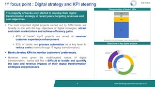 www.bankingsupervision.europa.eu ©
4
1st focus point : Digital strategy and KPI steering
The majority of banks only started to develop their digital
transformation strategy in recent years, targeting revenues and
cost objectives.
• The most important digital projects carried out by SSM banks are
broadly in line with the key objectives of digital strategies: attract
and retain market share and achieve efficiency gains.
• 43% of banks’ top-5 projects are aimed at revenue/
customer experience enhancement.
• 83% of banks see process automation as a key lever to
reduce costs (mainly through IT legacy transformation).
• Banks develop KPIs to monitor customers’ preferences.
• However, even given the multi-faceted nature of digital
transformation, banks still find it difficult to isolate and quantify
the cost and revenue impacts of their digital transformation
strategies and processes.
Categorisation of banks’ KPIs
Objectives of key digital projects
ECB-PUBLIC
62%
18%
5%
3%
12%
Customers Tech and Processes Costs Revenues Others
 