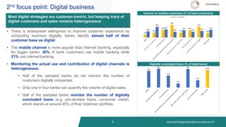 www.bankingsupervision.europa.eu ©
14%
23%
35%
59%
23%
34%
51%
22%
29%
50%
38%
26%
34%
27%
31%
36%
0%
10%
20%
30%
40%
50%
60%
70%
80%
90%
100%
Internet Mobile
44%
50%
32%
11%
49%
19%
46.0%
5
Internet vs mobile customers (% of total customers)
Digitally concluded loans (% of total loans)
2nd focus point: Digital business
Most digital strategies are customer-centric, but keeping track of
digital customers and sales remains heterogeneous
• There is widespread willingness to improve customer experience by
conducting business digitally: banks identify almost half of their
customer base as digital.
• The mobile channel is more popular than internet banking, especially
for bigger banks: 36% of bank customers use mobile banking while
21% use internet banking.
• Monitoring the actual use and contribution of digital channels is
heterogeneous:
• Half of the sampled banks do not monitor the number of
customers digitally onboarded.
• Only one in four banks can quantify the volume of digital sales.
• Half of the sampled banks monitor the number of digitally
concluded loans (e.g. pre-decided loans, consumer credit),
which stands at around 45% of their total loan portfolio.
ECB-PUBLIC
 