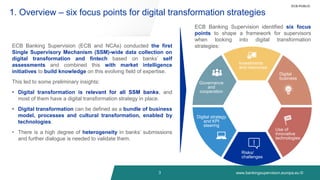 www.bankingsupervision.europa.eu ©
3
1. Overview – six focus points for digital transformation strategies
ECB Banking Supervision (ECB and NCAs) conducted the first
Single Supervisory Mechanism (SSM)-wide data collection on
digital transformation and fintech based on banks’ self
assessments and combined this with market intelligence
initiatives to build knowledge on this evolving field of expertise.
This led to some preliminary insights:
• Digital transformation is relevant for all SSM banks, and
most of them have a digital transformation strategy in place.
• Digital transformation can be defined as a bundle of business
model, processes and cultural transformation, enabled by
technologies.
• There is a high degree of heterogeneity in banks’ submissions
and further dialogue is needed to validate them.
Digital strategy
and KPI
steering
Governance
and
cooperation
Digital
business
Investments
and resources
Risks/
challenges
Use of
innovative
technologies
ECB-PUBLIC
ECB Banking Supervision identified six focus
points to shape a framework for supervisors
when looking into digital transformation
strategies:
 