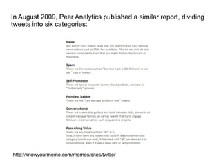 In August 2009, Pear Analytics published a similar report, dividing
tweets into six categories:




http://knowyourmeme.com/memes/sites/twitter
 