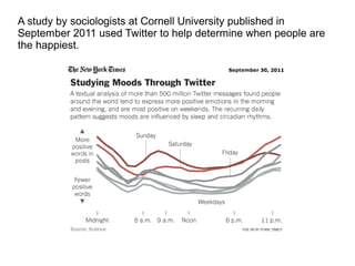 A study by sociologists at Cornell University published in
September 2011 used Twitter to help determine when people are
the happiest.
 