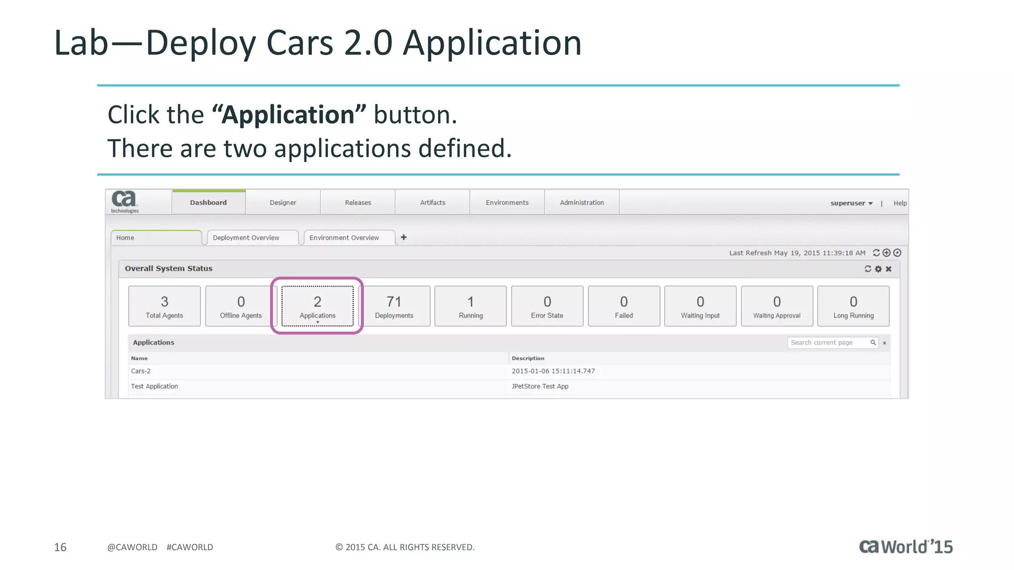 16 © 2015 CA. ALL RIGHTS RESERVED.@CAWORLD #CAWORLD
Lab – Deploy Cars 2.0 Application
Click the “Application” button
There are 2 applications defined
 