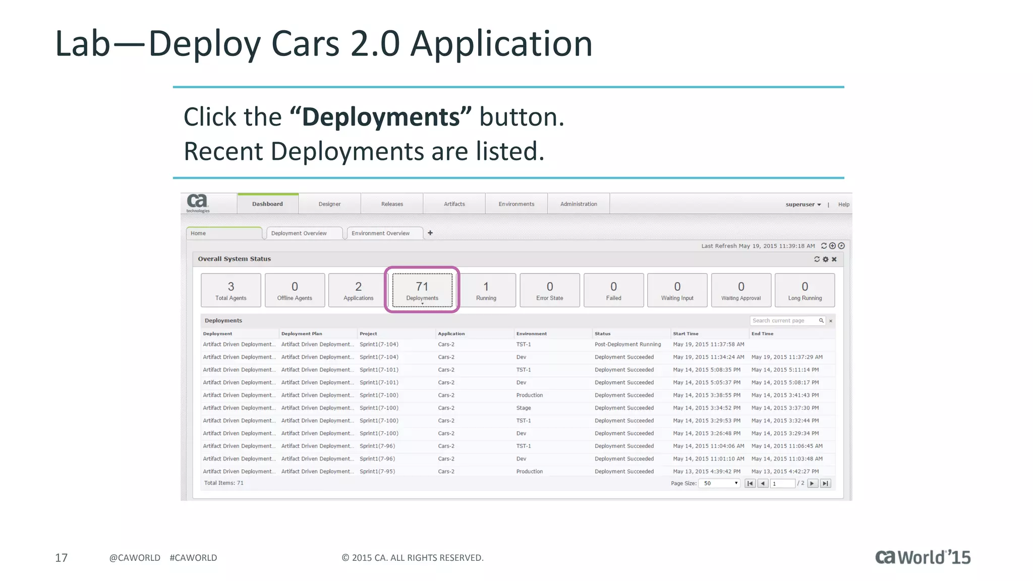 17 © 2015 CA. ALL RIGHTS RESERVED.@CAWORLD #CAWORLD
Lab – Deploy Cars 2.0 Application
Click the “Deployments” button
Recent Deployments are listed
 