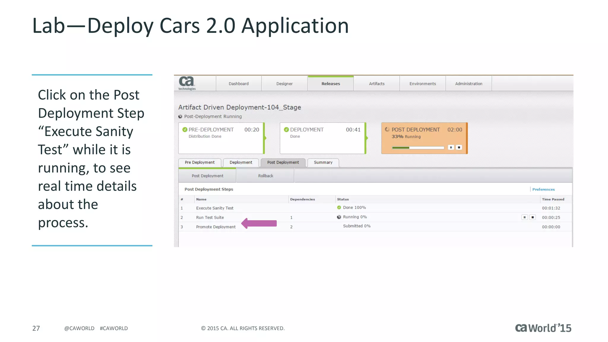 27 © 2015 CA. ALL RIGHTS RESERVED.@CAWORLD #CAWORLD
Lab – Deploy Cars 2.0 Application
Click on the Post
Deployment Step
“Execute Sanity
Test” while it is
running, to see
real time details
about the
process.
 