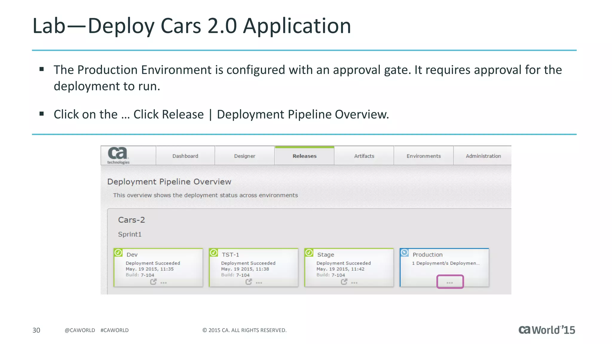 30 © 2015 CA. ALL RIGHTS RESERVED.@CAWORLD #CAWORLD
Lab – Deploy Cars 2.0 Application
 The Production Environment is configured with an approval gate. It requires approval for the
deployment to run.
 Click on the … Click Release | Deployment Pipeline Overview.
 