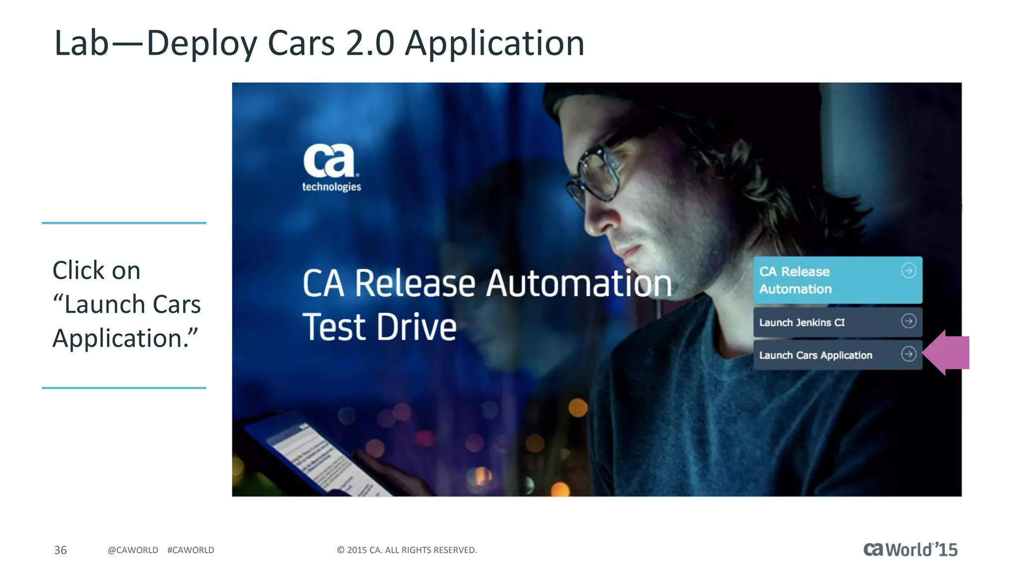 36 © 2015 CA. ALL RIGHTS RESERVED.@CAWORLD #CAWORLD
Lab – Deploy Cars 2.0 Application
Click on
“Launch Cars
Application”
 