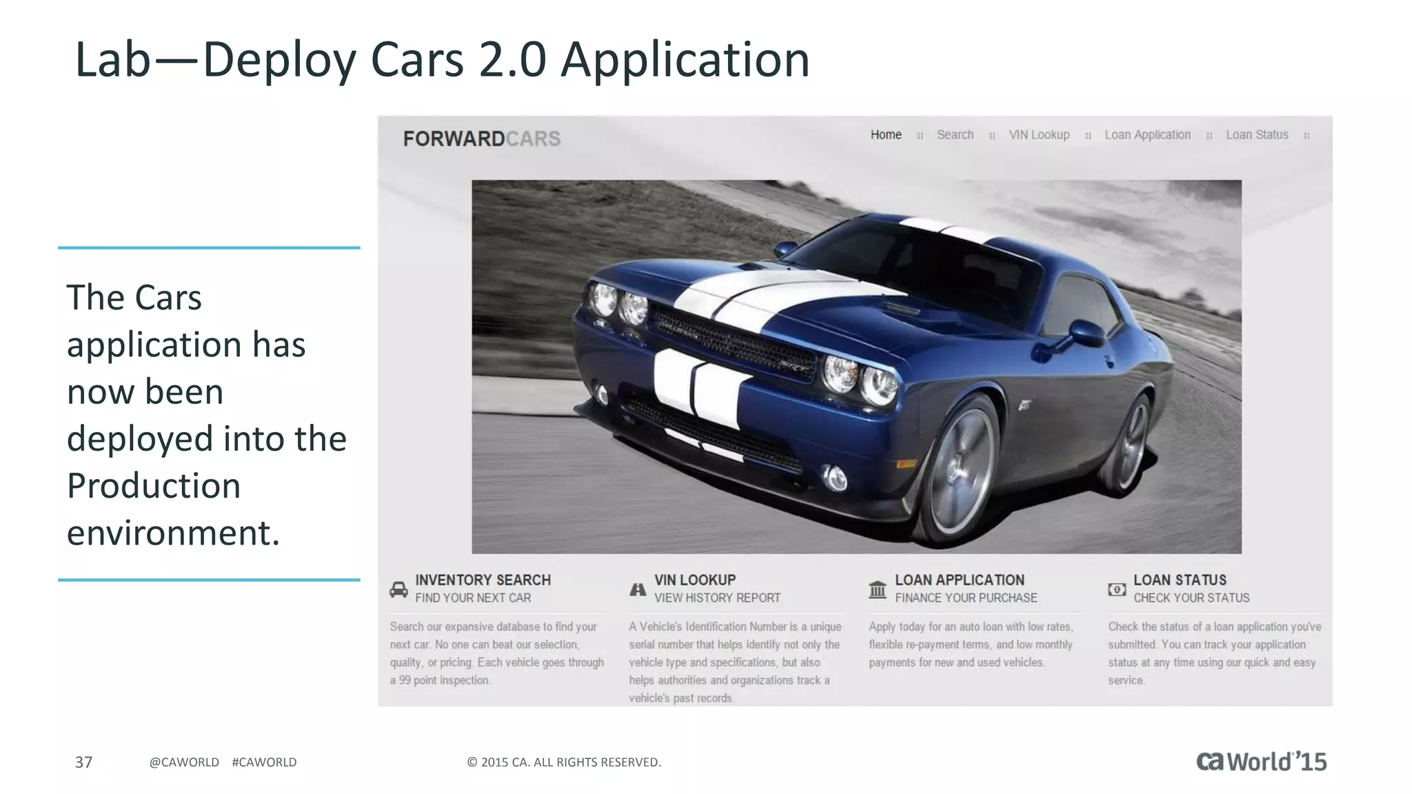 37 © 2015 CA. ALL RIGHTS RESERVED.@CAWORLD #CAWORLD
Lab – Deploy Cars 2.0 Application
The Cars
application has
now been
deployed into the
Production
environment.
 