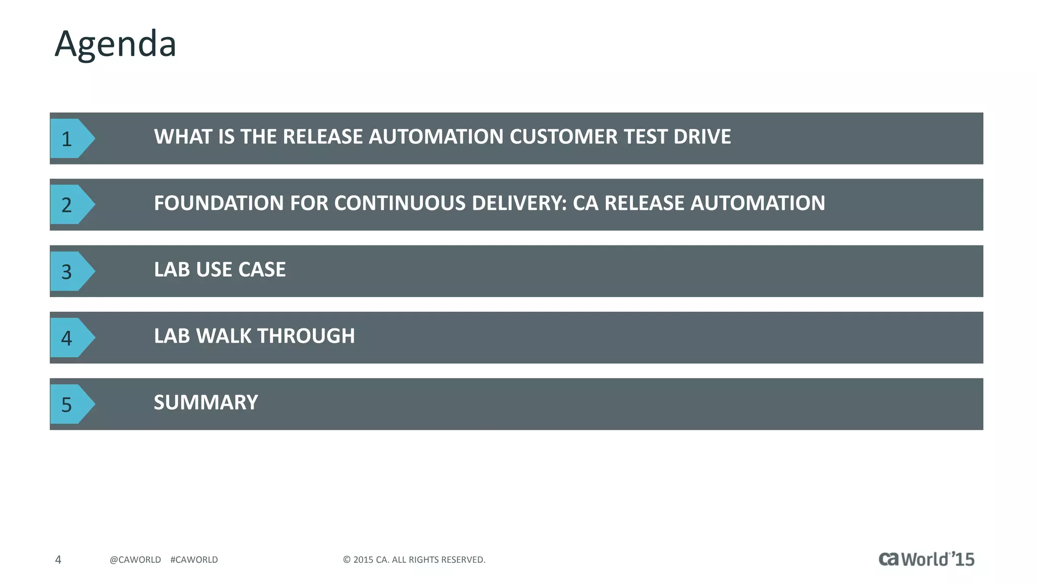 4 © 2015 CA. ALL RIGHTS RESERVED.@CAWORLD #CAWORLD
Agenda
WHAT IS THE RELEASE AUTOMATION CUSTOMER TEST DRIVE
FOUNDATION FOR CONTINUOUS DELIVERY: CA RELEASE AUTOMATION
LAB USE CASE
LAB WALK THROUGH
SUMMARY
1
2
3
4
5
 