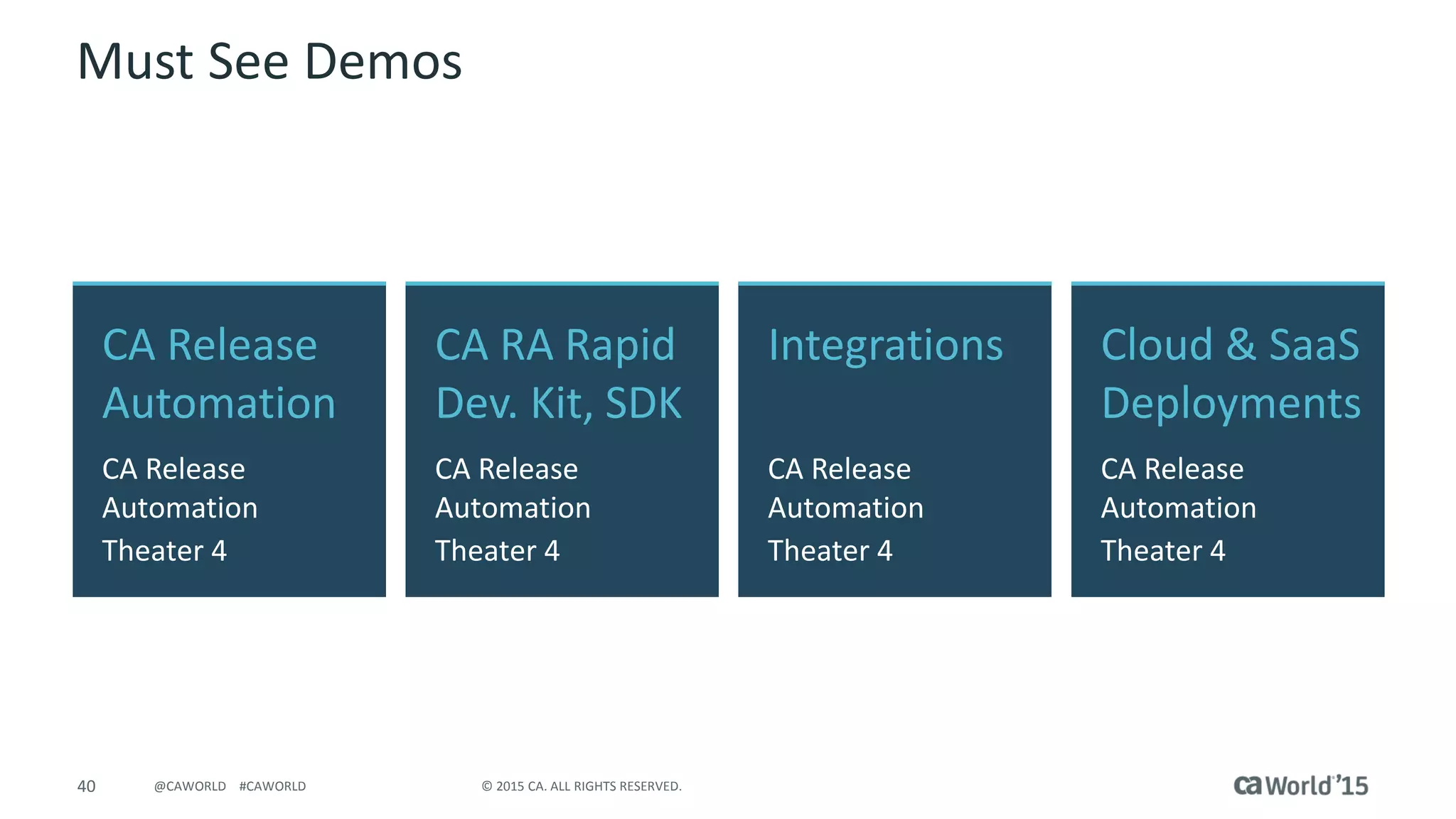 40 © 2015 CA. ALL RIGHTS RESERVED.@CAWORLD #CAWORLD
Must See Demos
CA Release
Automation
CA Release
Automation
Theater 4
Cloud & SaaS
Deployments
CA Release
Automation
Theater 4
CA RA Rapid
Dev. Kit, SDK
CA Release
Automation
Theater 4
Integrations
CA Release
Automation
Theater 4
 