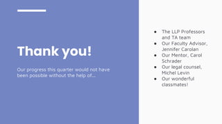 Thank you!
Our progress this quarter would not have
been possible without the help of...
● The LLP Professors
and TA team
● Our Faculty Advisor,
Jennifer Carolan
● Our Mentor, Carol
Schrader
● Our legal counsel,
Michel Levin
● Our wonderful
classmates!
 