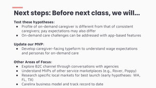 Test these hypotheses:
● Profile of on-demand caregiver is different from that of consistent
caregivers; pay expectations may also differ
● On-demand care challenges can be addressed with app-based features
Update our MVP:
● Develop caregiver-facing typeform to understand wage expectations
and personas for on-demand care
Other Areas of Focus:
● Explore B2C channel through conversations with agencies
● Understand MVPs of other service marketplaces (e.g., Rover, Poppy)
● Research specific local markets for best launch (early hypotheses: WA,
FL, TX)
● Carelinx business model and track record to date
Next steps: Before next class, we will...
 