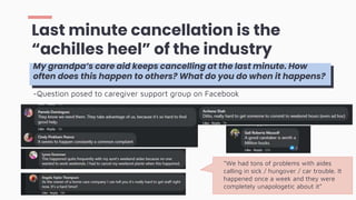 Last minute cancellation is the
“achilles heel” of the industry
My grandpa’s care aid keeps cancelling at the last minute. How
often does this happen to others? What do you do when it happens?
-Question posed to caregiver support group on Facebook
“We had tons of problems with aides
calling in sick / hungover / car trouble. It
happened once a week and they were
completely unapologetic about it”
 