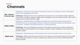 B2C - Direct to
Consumer App
Hypothesis: Consumers are used to searching for their own caregivers as this is the typical
route for the informal market today
Challenges: Paying for home care is expensive for consumers. For our business model, marketing
costs may be too high to support a double-sided marketplace in this low-margin industry. (Must recruit
caregivers and market to families = $$$)
B2B2C:CHROs
Hypothesis: Chief HR officers (CHROs) are desperate to solve the issues facing women /
minorities that are causing higher attrition & improve emotional wellbeing of employees (care
for families - children and elderly parents is a critical painpoint)
Challenges: How much willingness-to-pay from corporations and how big of market is that? Does
adding another channel/customer into an already complex 2-sided marketplace overcomplicate our
business model?
B2B2C:ACOs
Hypothesis: Value-based care will incentivize low-cost non-medical home care services
Challenges: Will low-cost home care services cut too deep into narrow profit margins of accountable
care organizations (ACOs)? Is there an opportunity to expand as more Direct Contracting Entities
(DCEs) emerge?
Channels
 