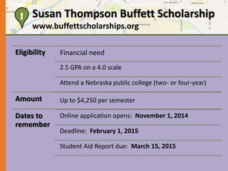 Susan Thompson Buffett Scholarship 
www.buffettscholarships.org 
Eligibility Financial need 
2.5 GPA on a 4.0 scale 
Attend a Nebraska public college (two- or four-year) 
Amount Up to $4,250 per semester 
Dates to 
remember 
Online application opens: November 1, 2014 
Deadline: February 1, 2015 
Student Aid Report due: March 15, 2015 
! 
 