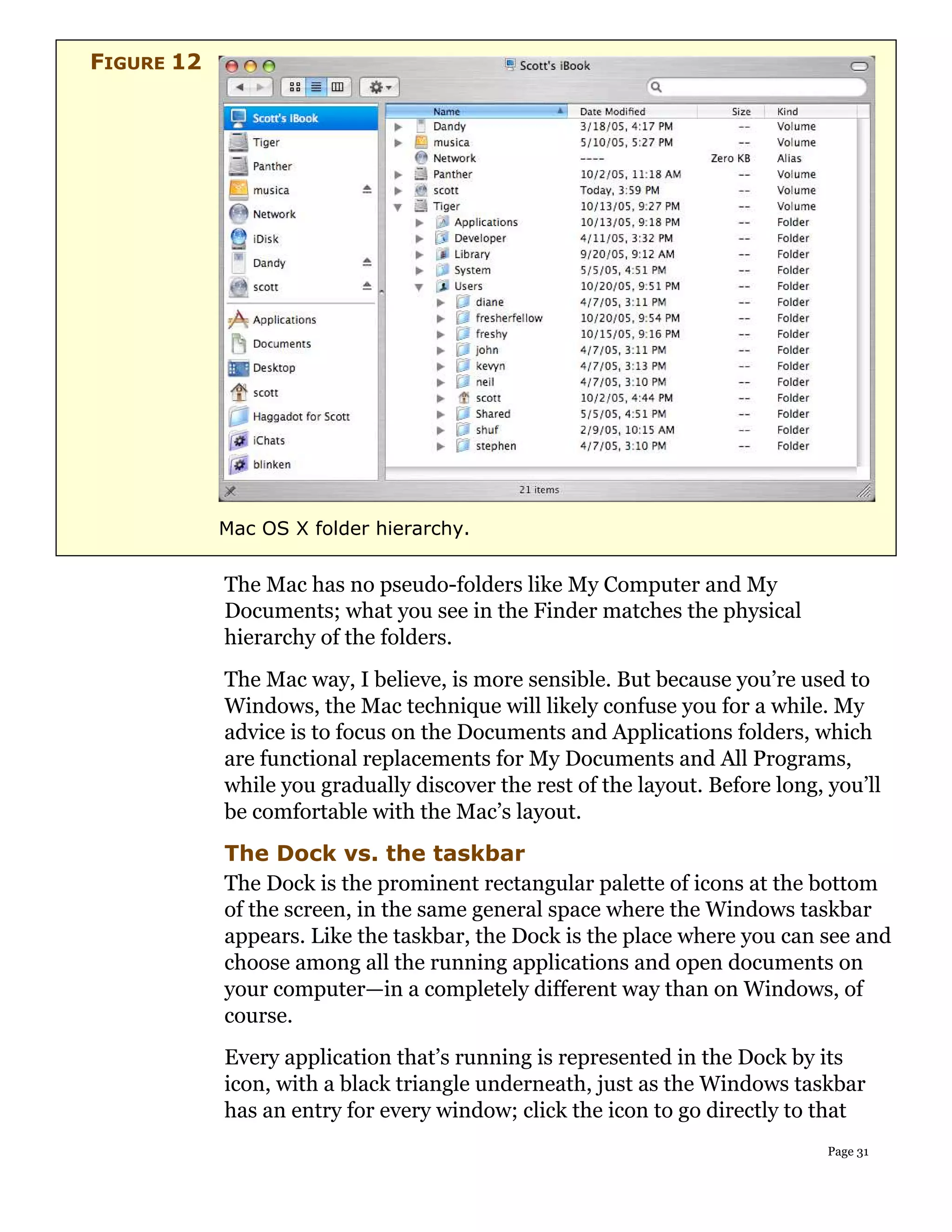 FIGURE 12




            Mac OS X folder hierarchy.


            The Mac has no pseudo-folders like My Computer and My
            Documents; what you see in the Finder matches the physical
            hierarchy of the folders.
            The Mac way, I believe, is more sensible. But because you’re used to
            Windows, the Mac technique will likely confuse you for a while. My
            advice is to focus on the Documents and Applications folders, which
            are functional replacements for My Documents and All Programs,
            while you gradually discover the rest of the layout. Before long, you’ll
            be comfortable with the Mac’s layout.
            The Dock vs. the taskbar
            The Dock is the prominent rectangular palette of icons at the bottom
            of the screen, in the same general space where the Windows taskbar
            appears. Like the taskbar, the Dock is the place where you can see and
            choose among all the running applications and open documents on
            your computer—in a completely different way than on Windows, of
            course.
            Every application that’s running is represented in the Dock by its
            icon, with a black triangle underneath, just as the Windows taskbar
            has an entry for every window; click the icon to go directly to that
                                                                              Page 31
 