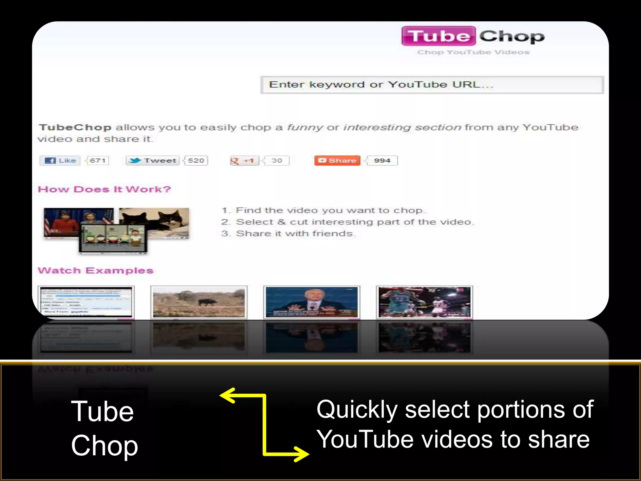Tube   Quickly select portions of
Chop   YouTube videos to share
 