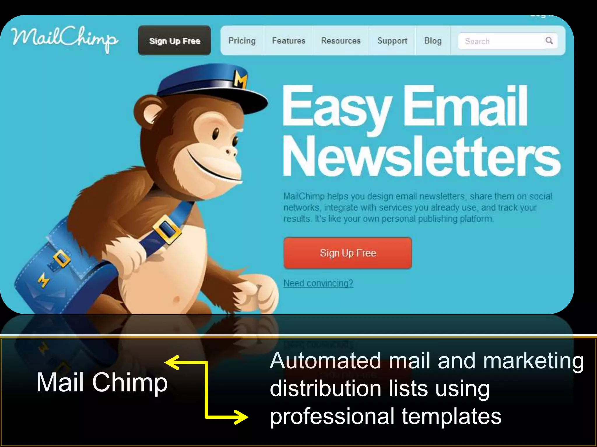Automated mail and marketing
Mail Chimp   distribution lists using
             professional templates
 