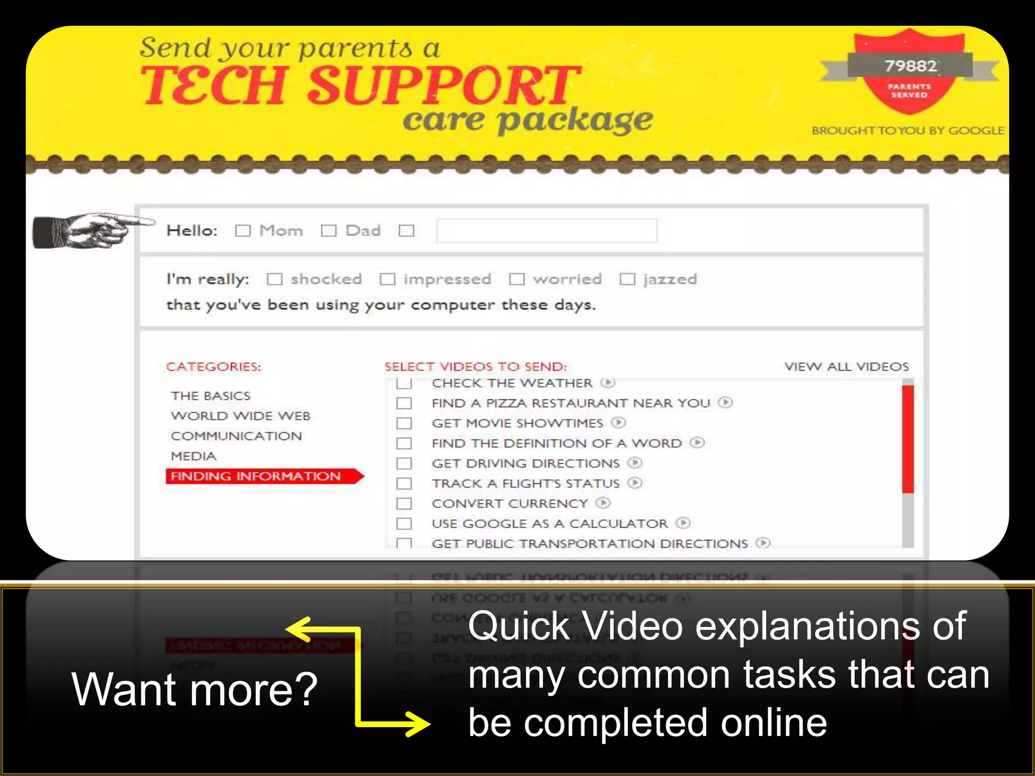 Quick Video explanations of
Want more?   many common tasks that can
             be completed online
 