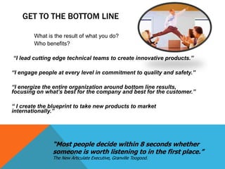 GET TO THE BOTTOM LINE
What is the result of what you do?
Who benefits?

“I lead cutting edge technical teams to create innovative products.”
“I engage people at every level in commitment to quality and safety.”
“I energize the entire organization around bottom line results,
focusing on what’s best for the company and best for the customer.”
“ I create the blueprint to take new products to market
internationally.”

“Most people decide within 8 seconds whether
someone is worth listening to in the first place.”
The New Articulate Executive, Granville Toogood.

 