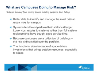 Better data to identify and manage the most critical
repair risks for campus.
Systems tend to outperform their statistical...