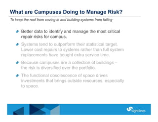 Better data to identify and manage the most critical
repair risks for campus.
Systems tend to outperform their statistical...