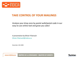 chgj INDICIA DIRECT MAIL SOLUTIONS Analyze your drop zone  by postal walk/postal code using Indicia postal walk selector  and grow your sales. February 2010 General Presentation MASTER OF GROWTH 