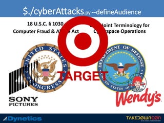 $./cyberAttacks.py --defineAudience
18 U.S.C. § 1030.
Computer Fraud & Abuse Act
DOD Joint Terminology for
Cyberspace Operations
 