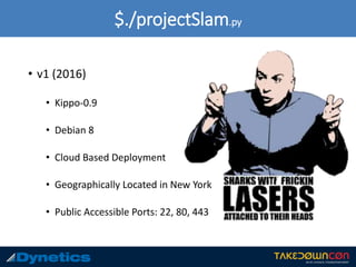 $./projectSlam.py
• v1 (2016)
• Kippo-0.9
• Debian 8
• Cloud Based Deployment
• Geographically Located in New York
• Public Accessible Ports: 22, 80, 443
 