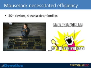 MouseJack necessitated efficiency
• 50+ devices, 4 transceiver families
 