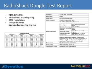 RadioShack Dongle Test Report
• 2408-2474 MHz
• 34 channels, 2 MHz spacing
• GFSK modulation
• 1Mbps data rate
• Neutron Engineering test lab
 