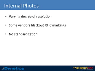 Internal Photos
• Varying degree of resolution
• Some vendors blackout RFIC markings
• No standardization
 