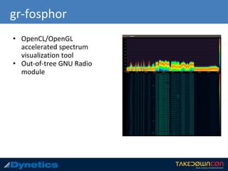 gr-fosphor
• OpenCL/OpenGL
accelerated spectrum
visualization tool
• Out-of-tree GNU Radio
module
 