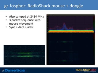 gr-fosphor: RadioShack mouse + dongle
• Also camped at 2414 MHz
• 3 packet sequence with
mouse movement
• Sync + data + ack?
 
