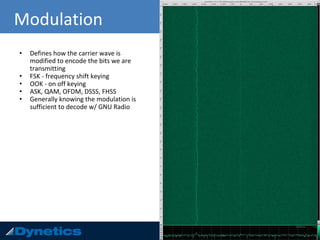 Modulation
• Defines how the carrier wave is
modified to encode the bits we are
transmitting
• FSK - frequency shift keying
• OOK - on off keying
• ASK, QAM, OFDM, DSSS, FHSS
• Generally knowing the modulation is
sufficient to decode w/ GNU Radio
 