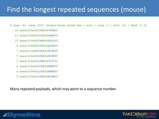 Find the longest repeated sequences (mouse)
$ grep -Po "aaaa.{20}" dongle-mouse.bytes.hex | sort | uniq -c | sort -nr | head -n 10
14 aaaa1116e8d126dbfa706aff
11 aaaa1116e8d121dbfae0efff
10 aaaa1116e8d12edbfad1c3ff
8 aaaa1116e8d12fdbfae1f4ff
7 aaaa1116e8d12ddbfa819aff
7 aaaa1116e8d129dbfa4146ff
7 aaaa1116e8d128dbfa7171ff
6 aaaa1116e8d123dbfa8081ff
6 aaaa1116e8d122dbfab0b6ff
5 aaaa1116e8d12ddbfa819aff
Many repeated payloads, which may point to a sequence number.
 