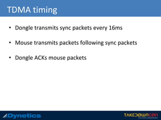 TDMA timing
• Dongle transmits sync packets every 16ms
• Mouse transmits packets following sync packets
• Dongle ACKs mouse packets
 