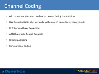 Channel Coding
• Add redundancy to detect and correct errors during transmission
• Has the potential to alter payloads so they aren’t immediately recognizable
• FEC (Forward Error Correction)
• ARQ (Automatic Repeat Request)
• Repetition Coding
• Convolutional Coding
 