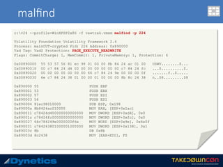 malﬁnd
c:v24 --profile=WinXPSP2x86 -f vawtrak.vmem malfind -p 224
Volatility Foundation Volatility Framework 2.4
Process: mainOUT-crypted Pid: 224 Address: 0x890000
Vad Tag: VadS Protection: PAGE_EXECUTE_READWRITE
Flags: CommitCharge: 1, MemCommit: 1, PrivateMemory: 1, Protection: 6
0x00890000 55 53 57 56 81 ec 98 01 00 00 8b 84 24 ac 01 00 USWV........$...
0x00890010 00 c7 84 24 d4 00 00 00 00 00 00 00 c7 84 24 fc ...$..........$.
0x00890020 00 00 00 00 00 00 00 66 c7 84 24 9e 00 00 00 0f .......f..$.....
0x00890030 6e c7 84 24 38 01 00 00 01 00 00 00 8b 8c 24 38 n..$8.........$8
0x890000 55 PUSH EBP
0x890001 53 PUSH EBX
0x890002 57 PUSH EDI
0x890003 56 PUSH ESI
0x890004 81ec98010000 SUB ESP, 0x198
0x89000a 8b8424ac010000 MOV EAX, [ESP+0x1ac]
0x890011 c78424d400000000000000 MOV DWORD [ESP+0xd4], 0x0
0x89001c c78424fc00000000000000 MOV DWORD [ESP+0xfc], 0x0
0x890027 66c784249e0000000f6e MOV WORD [ESP+0x9e], 0x6e0f
0x890031 c784243801000001000000 MOV DWORD [ESP+0x138], 0x1
0x89003c 8b DB 0x8b
0x89003d 8c2438 MOV [EAX+EDI], FS
 