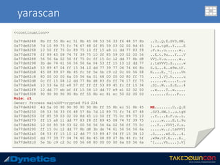 yarascan
<<continuation>>
0x77de8248 8b ff 55 8b ec 51 8b 45 08 53 56 33 f6 48 57 8b ..U..Q.E.SV3.HW.
0x77de8258 7d 10 89 75 fc 74 67 48 0f 85 59 03 02 00 8d 45 }..u.tgH..Y....E
0x77de8268 10 50 ff 75 0c 89 75 10 ff 15 a8 11 dd 77 83 f8 .P.u..u......w..
0x77de8278 ff 89 45 08 74 7f 39 75 10 0f 85 59 03 02 00 56 ..E.t.9u...Y...V
0x77de8288 56 56 6a 02 56 ff 75 0c ff 15 0c 12 dd 77 8b d8 VVj.V.u......w..
0x77de8298 3b de 74 61 56 56 56 6a 04 53 ff 15 10 12 dd 77 ;.taVVVj.S.....w
0x77de82a8 53 89 47 04 ff 15 34 10 dd 77 39 77 04 74 46 8b S.G...4..w9w.tF.
0x77de82b8 45 08 89 07 8b 45 fc 5f 5e 5b c9 c2 0c 00 56 68 E....E._^[....Vh
0x77de82c8 80 00 00 00 6a 03 56 6a 01 68 00 00 00 80 ff 75 ....j.Vj.h.....u
0x77de82d8 0c ff 15 08 12 dd 77 8b d8 83 fb ff 74 17 ff 75 ......w.....t..u
0x77de82e8 10 53 6a 02 e8 57 ff ff ff 53 89 45 fc ff 15 34 .Sj..W...S.E...4
0x77de82f8 10 dd 77 eb bf ff 15 54 10 dd 77 e9 e1 02 02 00 ..w....T..w.....
0x77de8308 90 90 90 90 90 8b ff 55 8b ec 81 ec 50 02 00 00 .......U....P...
Rule: r1
Owner: Process mainOUT-crypted Pid 224
0x77de8240 4d 5a 00 90 90 90 90 90 8b ff 55 8b ec 51 8b 45 MZ........U..Q.E
0x77de8250 08 53 56 33 f6 48 57 8b 7d 10 89 75 fc 74 67 48 .SV3.HW.}..u.tgH
0x77de8260 0f 85 59 03 02 00 8d 45 10 50 ff 75 0c 89 75 10 ..Y....E.P.u..u.
0x77de8270 ff 15 a8 11 dd 77 83 f8 ff 89 45 08 74 7f 39 75 .....w....E.t.9u
0x77de8280 10 0f 85 59 03 02 00 56 56 56 6a 02 56 ff 75 0c ...Y...VVVj.V.u.
0x77de8290 ff 15 0c 12 dd 77 8b d8 3b de 74 61 56 56 56 6a .....w..;.taVVVj
0x77de82a0 04 53 ff 15 10 12 dd 77 53 89 47 04 ff 15 34 10 .S.....wS.G...4.
0x77de82b0 dd 77 39 77 04 74 46 8b 45 08 89 07 8b 45 fc 5f .w9w.tF.E....E._
0x77de82c0 5e 5b c9 c2 0c 00 56 68 80 00 00 00 6a 03 56 6a ^[....Vh....j.Vj
 