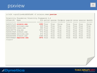 psxview
c:v24 --profile=WinXPSP2x86 -f scieron.vmem psxview
Volatility Foundation Volatility Framework 2.4
Offset(P) Name PID pslist psscan thrdproc pspcid csrss session deskth
---------- -------------------- ------ ------ ------ -------- ------ ----- ------- ------
0x02317c10 scieron.exe 1692 True True False True True True False
0x0215f020 winlogon.exe 628 True True True True True True True
0x02421020 lsass.exe 684 True True True True True True True
0x02160778 alg.exe 1972 True True True True True True True
0x024135e8 svchost.exe 972 True True True True True True True
0x02339868 services.exe 672 True True True True True True True
0x02443648 svchost.exe 1088 True True True True True True True
0x0236dda0 explorer.exe 1872 True True True True True True True
<<cut>>
 