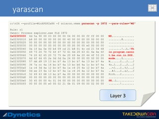 yarascan
c:v24 --profile=WinXPSP2x86 -f scieron.vmem yarascan -p 1872 --yara-rules="MZ"
Rule: r1
Owner: Process explorer.exe Pid 1872
0x023f0000 4d 5a 90 00 03 00 00 00 04 00 00 00 ff ff 00 00 MZ..............
0x023f0010 b8 00 00 00 00 00 00 00 40 00 00 00 00 00 00 00 ........@.......
0x023f0020 00 00 00 00 00 00 00 00 00 00 00 00 00 00 00 00 ................
0x023f0030 00 00 00 00 00 00 00 00 00 00 00 00 e0 00 00 00 ................
0x023f0040 0e 1f ba 0e 00 b4 09 cd 21 b8 01 4c cd 21 54 68 ........!..L.!Th
0x023f0050 69 73 20 70 72 6f 67 72 61 6d 20 63 61 6e 6e 6f is.program.canno
0x023f0060 74 20 62 65 20 72 75 6e 20 69 6e 20 44 4f 53 20 t.be.run.in.DOS.
0x023f0070 6d 6f 64 65 2e 0d 0d 0a 24 00 00 00 00 00 00 00 mode....$.......
0x023f0080 57 dd d9 19 13 bc b7 4a 13 bc b7 4a 13 bc b7 4a W......J...J...J
0x023f0090 34 7a cc 4a 14 bc b7 4a 13 bc b6 4a 1c bc b7 4a 4z.J...J...J...J
0x023f00a0 1a c4 3d 4a 12 bc b7 4a 1a c4 25 4a 12 bc b7 4a ..=J...J..%J...J
0x023f00b0 0d ee 23 4a 12 bc b7 4a 1a c4 26 4a 12 bc b7 4a ..#J...J..&J...J
0x023f00c0 52 69 63 68 13 bc b7 4a 00 00 00 00 00 00 00 00 Rich...J........
0x023f00d0 00 00 00 00 00 00 00 00 00 00 00 00 00 00 00 00 ................
0x023f00e0 50 45 00 00 4c 01 04 00 00 00 00 00 00 00 00 00 PE..L...........
0x023f00f0 00 00 00 00 e0 00 02 21 0b 01 09 00 00 02 00 00 .......!........
Layer	3	
 
