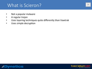 What is Scieron?
•  Not	a	popular	malware	
•  A	regular	trojan	
•  Uses	layering	techniques	quite	diﬀerently	than	Vawtrak	
•  Uses	simple	decryp.on	
 
