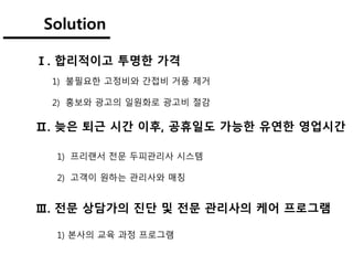 Solution
Ⅰ. 합리적이고 투명한 가격
Ⅲ. 전문 상담가의 진단 및 전문 관리사의 케어 프로그램
Ⅱ. 늦은 퇴근 시간 이후, 공휴일도 가능한 유연한 영업시간
1) 불필요한 고정비와 간접비 거품 제거
2) 홍보와 광고의 일원화로 광고비 절감
1) 프리랜서 전문 두피관리사 시스템
2) 고객이 원하는 관리사와 매칭
1) 본사의 교육 과정 프로그램
 