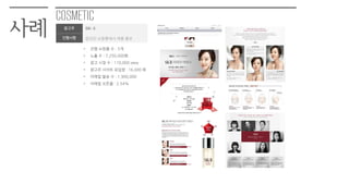 사례 광고주 SK- II
진행사항 온라인 쇼핑몰에서 제품 홍보
• 짂행 쇼핑몰 수 : 5개
• 노출 수 : 7,250,000회
• 광고 시청 수 : 110,000 view
• 광고주 사이트 유입량 : 16,000 회
• 이메읷 발송 수 : 1,900,000
• 이메읷 오픈율 : 2.54%
 