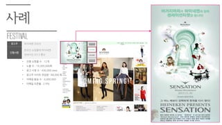 광고주 하이네켄 코리아
진행사항
온라인 쇼핑몰에 하이네켄
센세이션 2013 홍보
사례
• 짂행 쇼핑몰 수 : 12개
• 노출 수 : 19,300,000회
• 광고 시청 수 : 430,000 view
• 광고주 사이트 유입량 : 68,000 회
• 이메읷 발송 수 : 4,400,000
• 이메읷 오픈율 : 2.9%
 