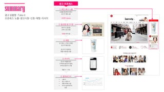 광고 프로세스
① 메읶 배너 노출
쇼핑몰 메인페이지에서
광고주 제품 노출
1400만 Impress
옷 구매시, 고객이 선택한
광고주 제품 전달.
광고주가 제공하는
현물 수량만큼 진행.
③ 체험
광고주 제품을 받은
고객에게 설문 문자 발송,
모바일 설문조사 진행
현물 수 * 10%
④ 리서치
 노출 수
 광고 시청자 수
 체험 마케팅 도달
 리서치 결과데이터
등등
⑤ 결과보고서
장바구니 옵션탭
선택시 광고진행
7만명 의무시청
② 옵션탭 광고시청
광고 상품명 : Take it
프로세스: 노출-광고시청-신청-체험-리서치
summary
BIG EVENT
 