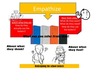 Empathize
Hear their voices:
What do they want?
What do they need?
How do they use
the lockers?
watch what they do
How do ...
