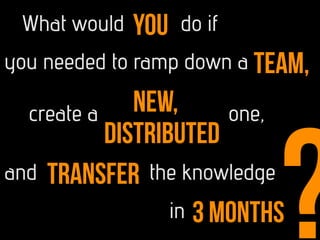you
you needed to ramp down a TEAM,
create a new,
distributed
one,
and transfer the knowledge
in 3 months
?
What would do ...