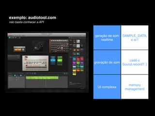 exemplo: audiotool.com
não basta conhecer a API



                           geração de som   SAMPLE_DATA,
                               realtime         e aí?




                                               cadê o
                           gravação de som
                                           Sound.record? :(




                                               memory
                             UI complexa
                                             management
 