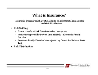 What is Insurance?
    Insurance provided must involve fortuity or uncertainty, risk shifting
                             and risk distribution.

• Risk Shifting
   – Actual transfer of risk from insured to the captive
   – Position supported by Service until recently – Economic Family
     Doctrine
   – Economic Family Doctrine later rejected by Courts for Balance Sheet
     Test
• Risk Distribution




                                                                             11
                                   -11-
 